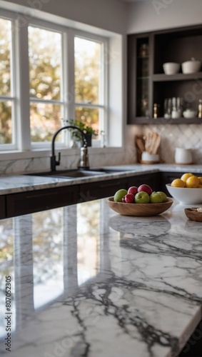 Immerse yourself in elegance, a marble counter tabletop set against a softly blurred kitchen background, providing a versatile mock-up for product displays or design compositions.