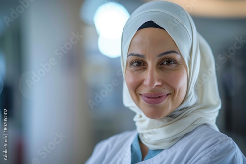 Confident Muslim nurse in hijab smiling for portrait.