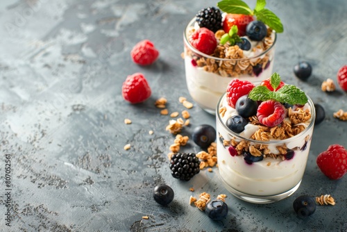 Yogurt parfaits with granola and layers of mixed berries, healthy snack or breakfast,