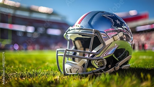 American football helmet on grass in front of stadium with copy space. Concept Sports photography  American football  Stadium background  Grass field  Copy space