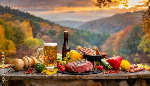 厚い肉とカラフルな野菜のBBQとビールが並ぶ、秋の景色 photo