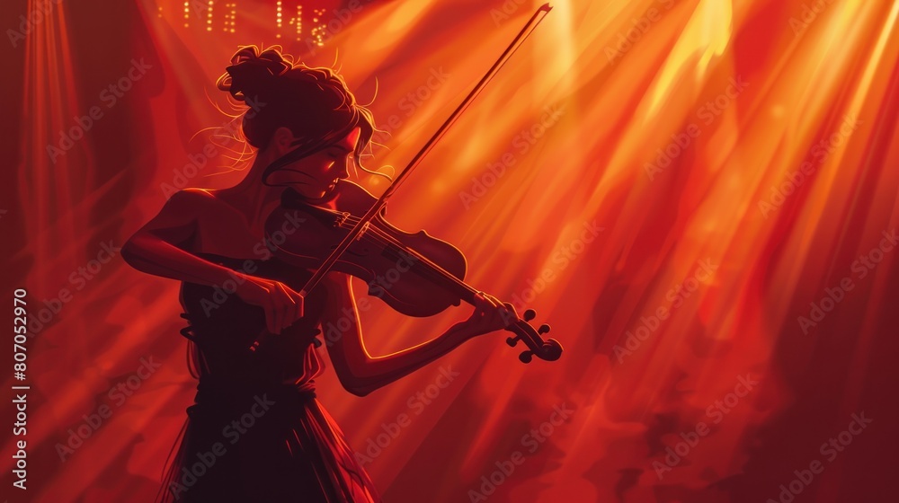 A woman playing a violin in a red lighted room