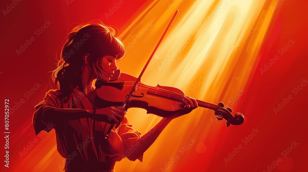 Fototapeta premium A woman playing a violin in a red background