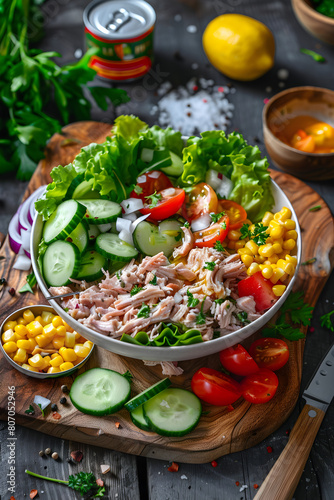 Step-by-Step Preparation of Fresh and Healthy Tuna Salad on a Rustic Wooden Table