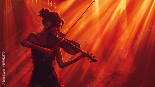 A woman playing a violin in a red lighted room