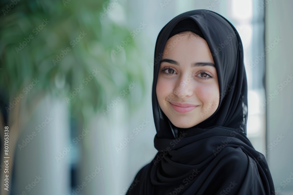 Smiling Arabian girl in black hijab on light background Smiling Arabian girl in black hijab on light background