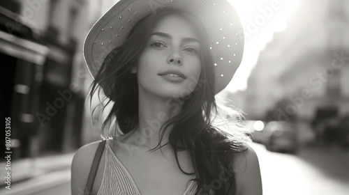 Street portrait of a young woman in a hat, black and white, with sun rays, in retro style