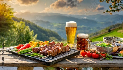 厚い肉とカラフルな野菜のBBQとビールが並ぶ、春の景色 photo