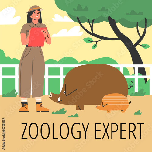 Zoological poster: female zoologist and wild boars in flat style.