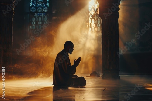 Muslim man worships and prays in old mosque silhouette.