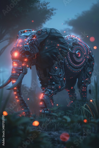 Create a robotic elephant walking gracefully through a misty  neon-lit savanna at dusk  its intricate gears visible Enhance the scene with glowing fireflies weaving magical patterns around it