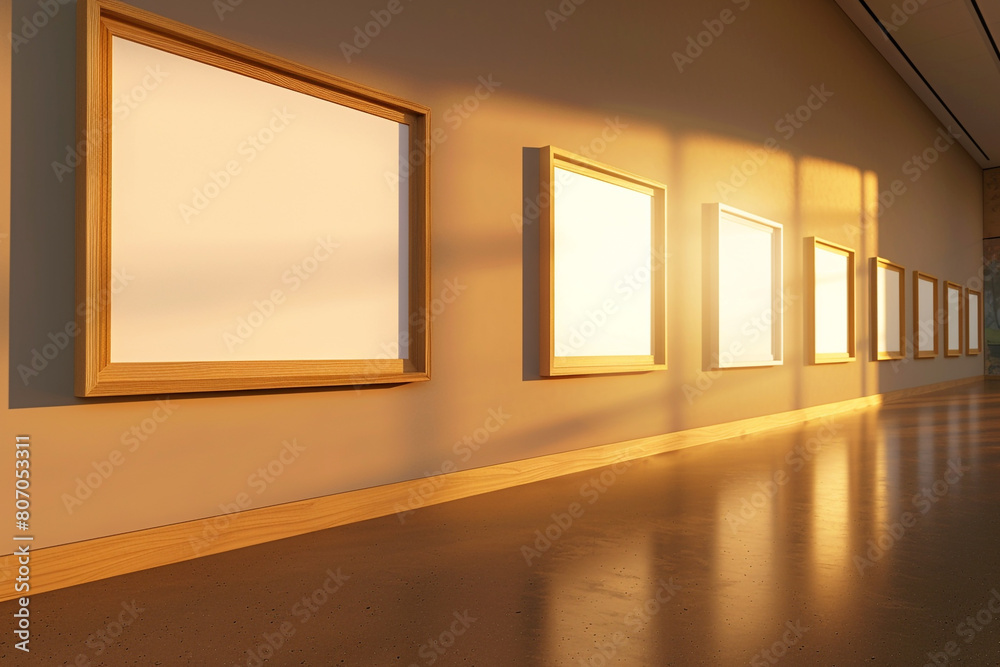 the gallery space bathed in the golden light of sunset, where wooden frames of varying depths, all containing a white void, are hung against a neutral wall exhibit exhibit the gallery space bathed in the golden light of sunset, where wooden frames of varying depths, all containing a white void, are hung against a neutral wall exhibit exhibit