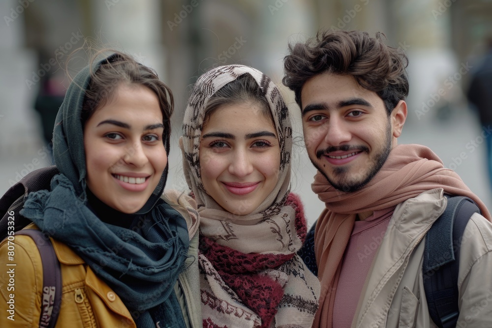 three friends of different religions standing happily together three friends of different religions standing happily together