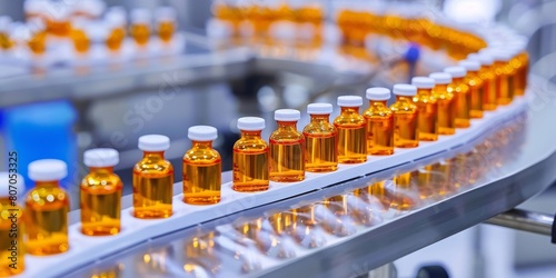 Pharmaceutical Manufacturing Process: Automated Production of Medicine Bottles, Healthcare Industry, Factory Conveyor, Glass Vials, Liquid Medication