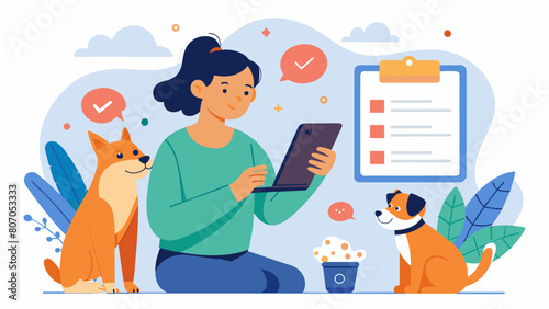 A pet owner using the apps journal feature to keep track of their pets daily activities and behaviors.. Vector illustration