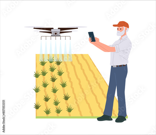 Senior farmer character managing automated smart agricultural process of spraying field with drone