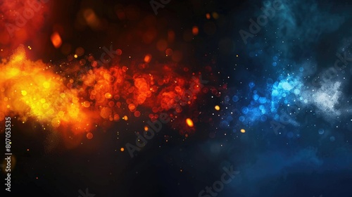 Abstract digital artwork featuring a vibrant collision between fiery orange and icy blue particles, evoking a sense of dynamic contrast.