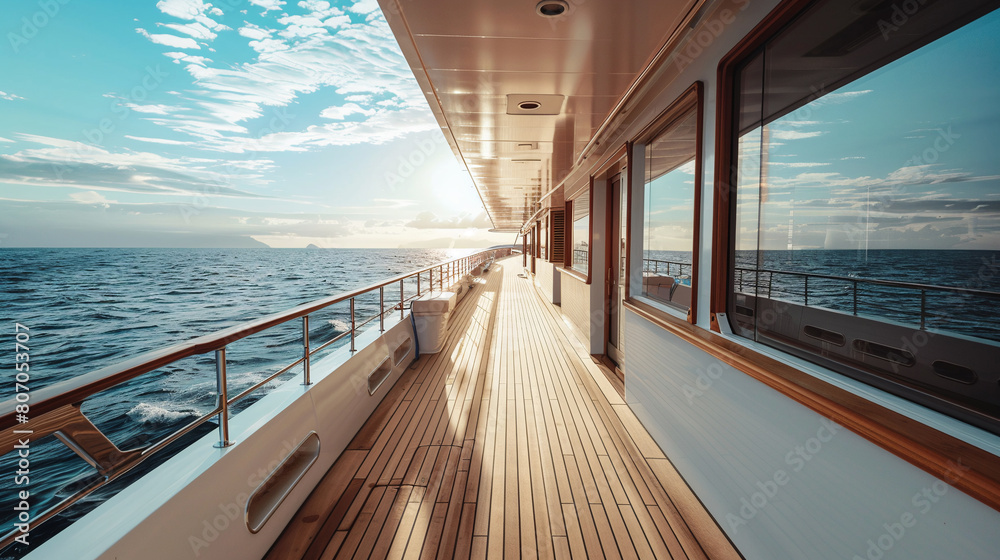 Fototapeta premium View from the deck of a cruise ship at sunset. AI.