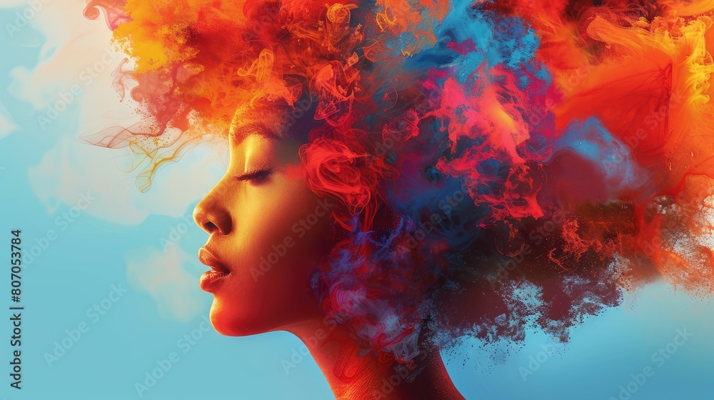 Vibrant artistic representation of a woman, her profile adorned with flowing colorful smoke, symbolizing creativity and emotion.