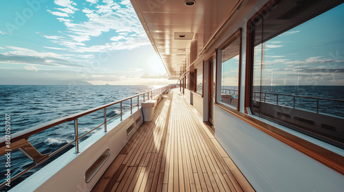 View from the deck of a cruise ship at sunset. AI.