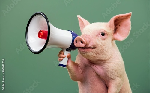 Pig with a megaphone in the studio on a yellow background