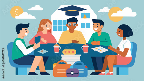 A group of friends planning a future road trip discussing their financial freedom thanks to choosing community college over more expensive education. Vector illustration