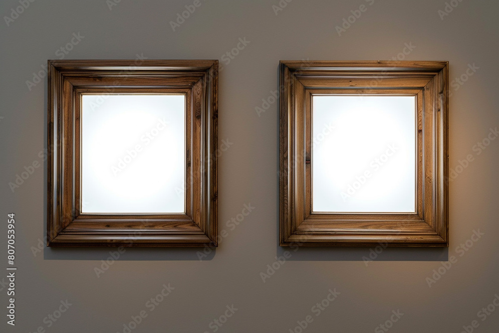 an gallery's elegant side view showcases two wooden frames against a backdrop of Regent Grey, a sophisticated, muted shade exhibit an gallery's elegant side view showcases two wooden frames against a backdrop of Regent Grey, a sophisticated, muted shade exhibit