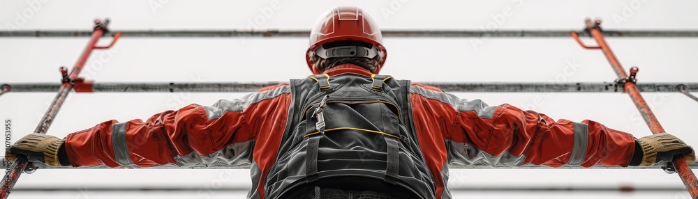 Obraz premium A man in a red jacket and a hard hat is standing on a scaffold