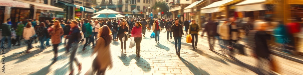 Blurred background of a busy street with a crowd walking fast, with a motion blur effect. Abstract blurred people in a city center during daylight. A concept for business growth