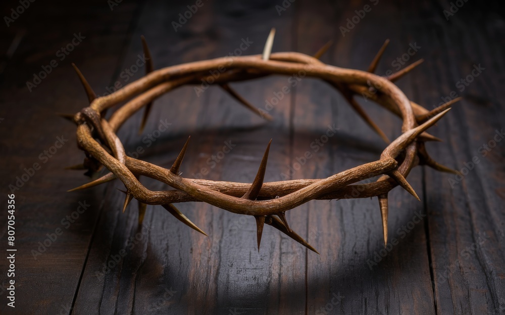 Crown of thorns on black wooden background. Christian symbol.