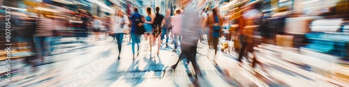 Blurred background of a busy street with a crowd walking fast, with a motion blur effect. Abstract blurred people in a city center during daylight. A concept for business growth