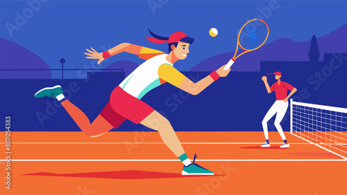 In the midst of a fierce tennis match a player lunges for a breathtaking lastminute shot that flies past his opponent and scores the winning point in. Vector illustration