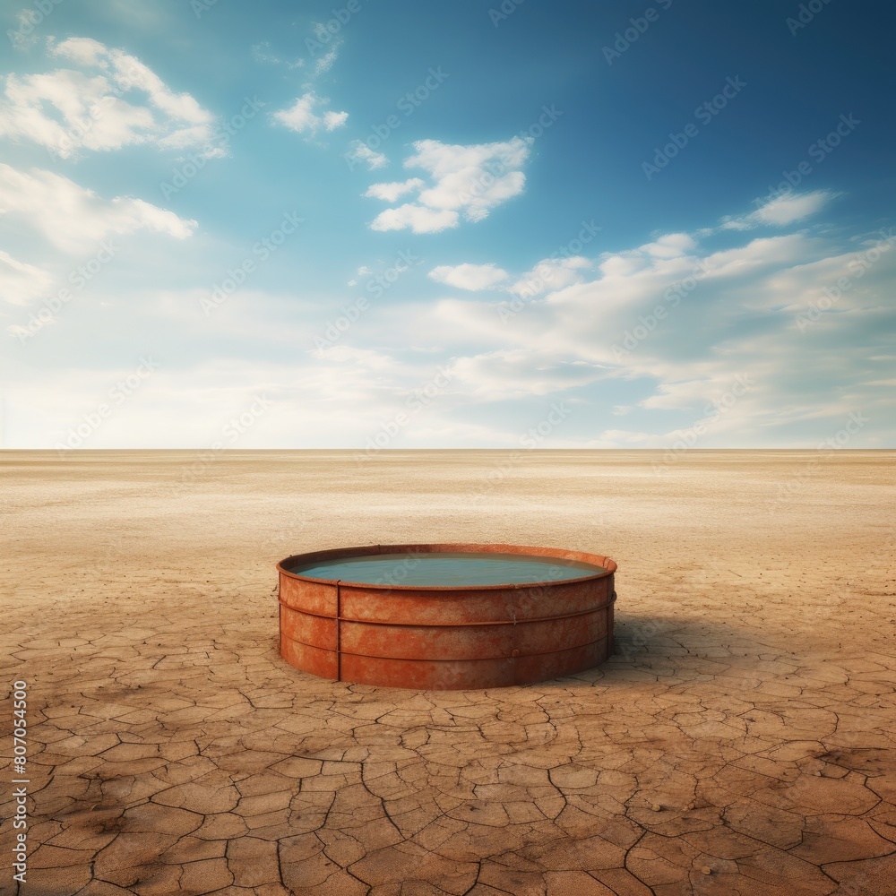 a large metal container filled with water sitting in the middle of a vast desert. a large metal container filled with water sitting in the middle of a vast desert.