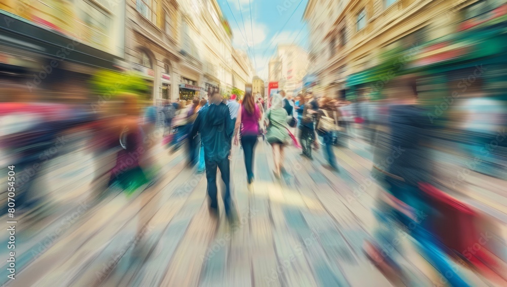 Blurred background of a busy street with a crowd walking fast, with a ...