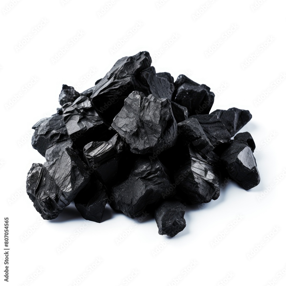 A pile of shiny black coal isolated on a white background. A pile of shiny black coal isolated on a white background.