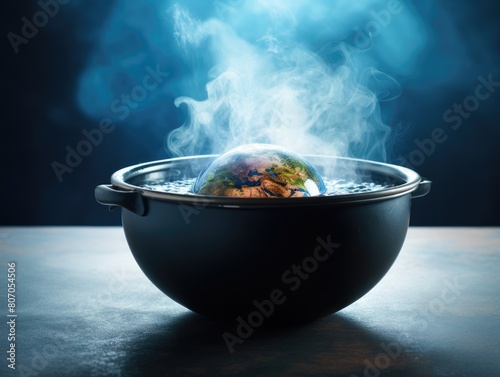 a large black cauldron with a glowing blue liquid inside. The liquid is boiling and bubbling, and there is a thick cloud of steam rising from the pot. The cauldron is sitting on a stone table