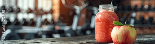 Healthfocused image of an apple smoothie in a reusable glass bottle, ready for onthego consumption, with gym equipment in the background photo