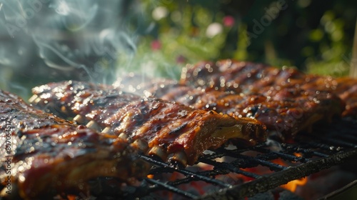 A backyard barbecue party with friends and family gathered around the grill, eagerly anticipating a feast of tender, smoky pork ribs.