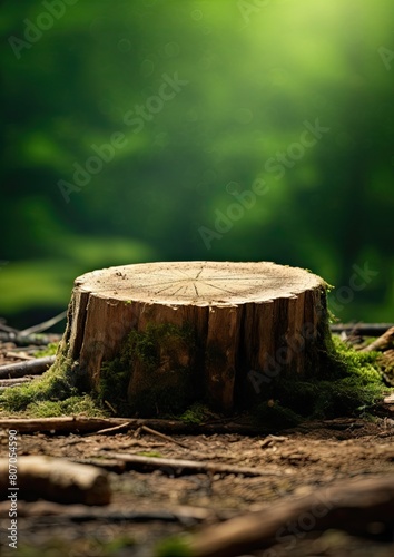 a tree stump in a forest. The stump is old and weathered, and the bark is cracked and peeling. The stump is surrounded by moss and other plants, and the ground is covered in leaves and branches.