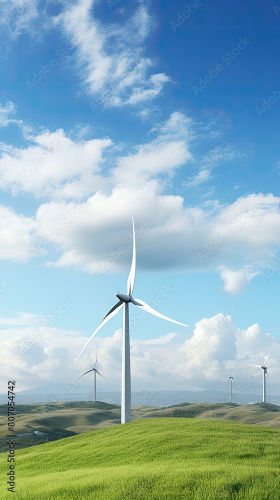 Large wind turbines generate clean, renewable energy on a green hilltop. Large wind turbines generate clean, renewable energy on a green hilltop.