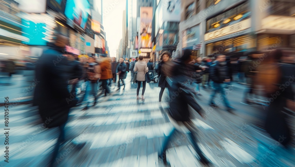 Obraz premium Blurred background of a busy street with a crowd walking fast, with a motion blur effect. Abstract blurred people in a city center during daylight. A concept for business growth