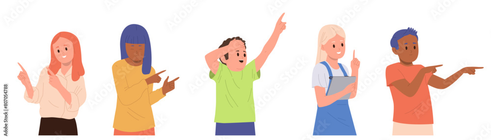 Obraz premium Happy little children cartoon characters pointing with finger hand gesture isolated set on white