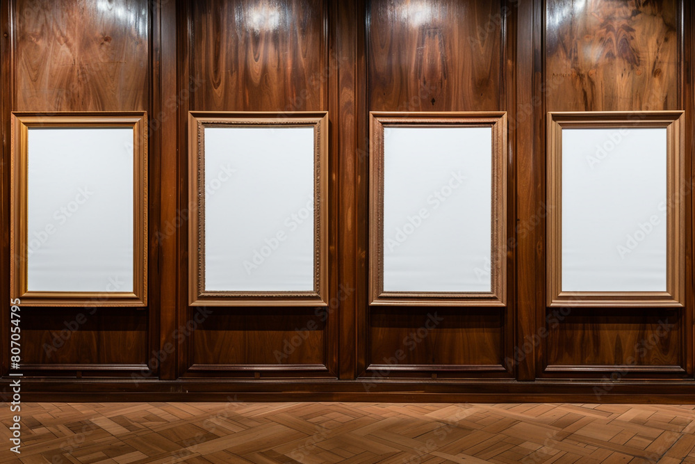 the gallery's side view presents four wooden frames, each with a white canvas, against a wall of dark, polished mahogany exhibit the gallery's side view presents four wooden frames, each with a white canvas, against a wall of dark, polished mahogany exhibit