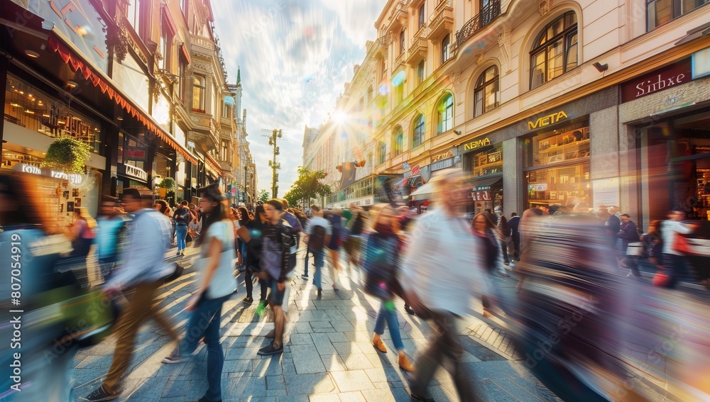 Fototapeta premium Blurred background of a busy street with a crowd walking fast, with a motion blur effect. Abstract blurred people in a city center during daylight. A concept for business growth