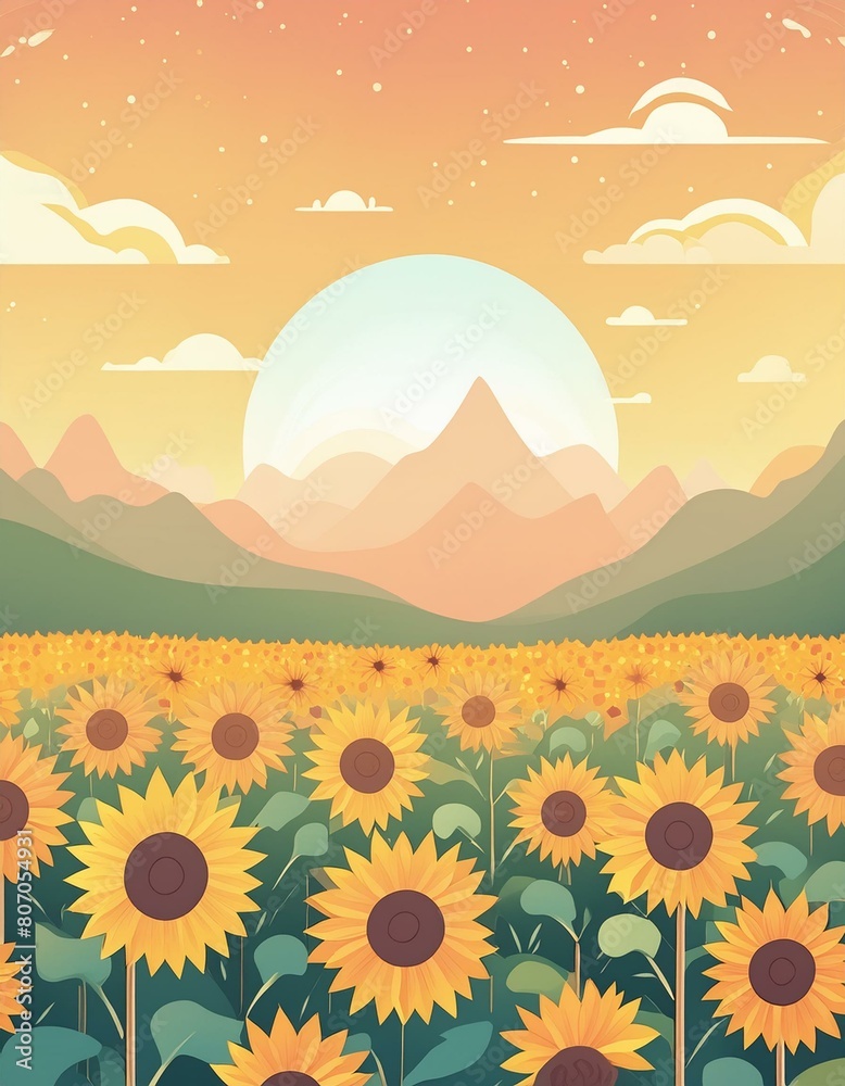 Field of towering sunflowers, with the blooms facing a setting sun that casts golden light across the scene