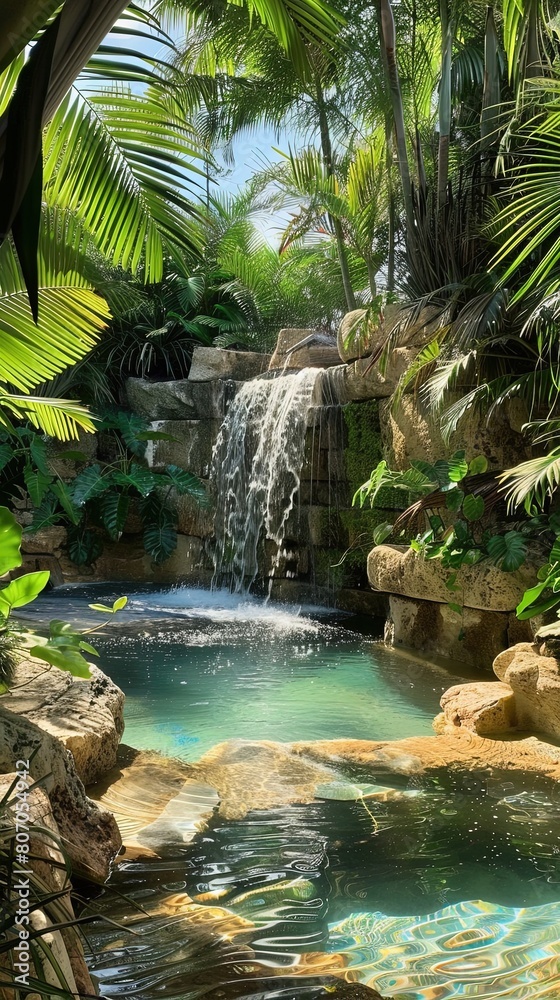 a tropical spa with soothing waterfall. a tropical spa with soothing waterfall.