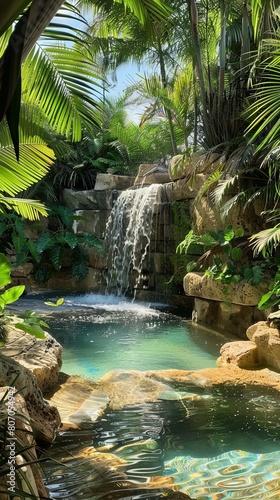 a tropical spa with soothing waterfall.