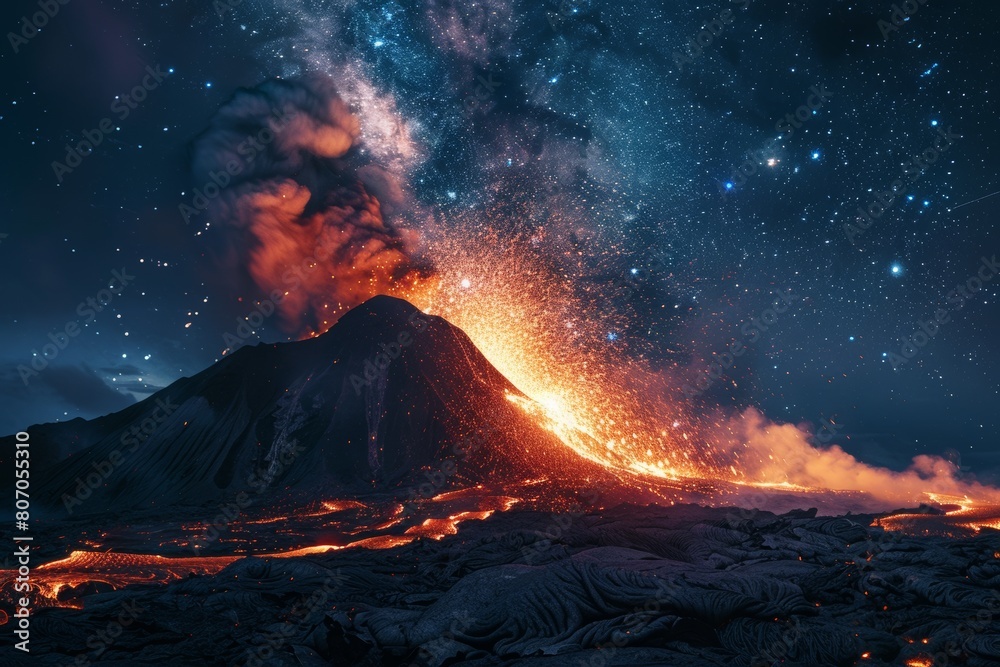 A breathtaking night-time scene of a volcanic eruption, showcasing a dramatic explosion of lava against a starry sky, emphasizing nature's raw power.
