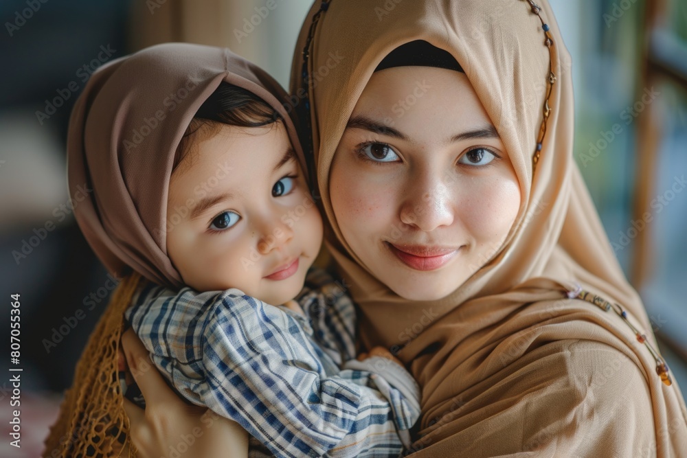 portrait of pretty muslim woman with her son portrait of pretty muslim woman with her son
