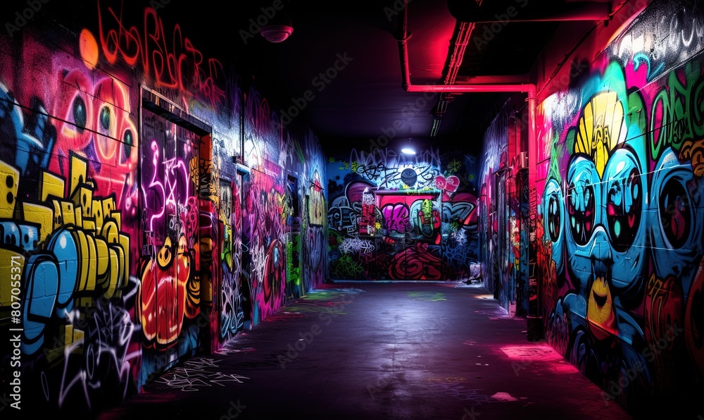 The walls of the long hallway are painted with neon graffiti